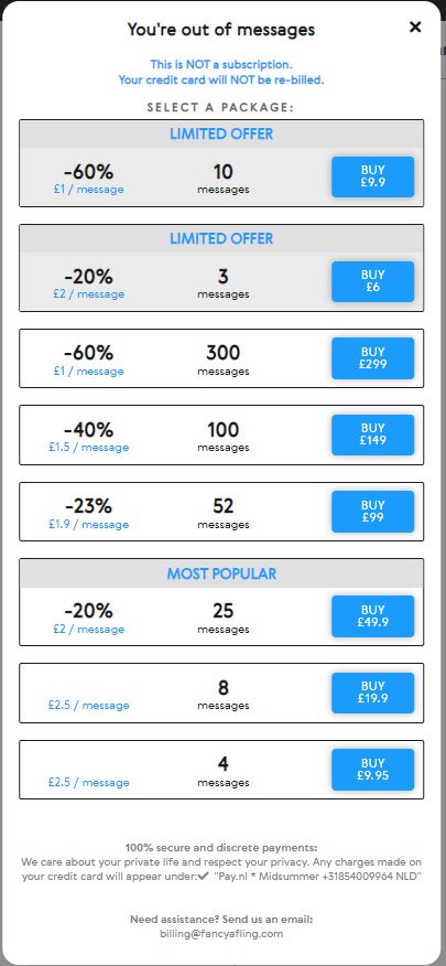 costs and prices page for fancyafling.com